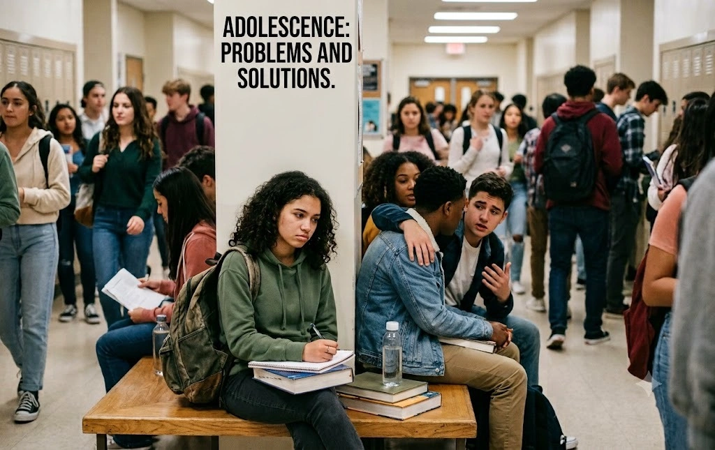 Students in a school hallway discussing and dealing with adolescence problems and solutions, with one student sitting and writing in a notebook while others interact nearby.